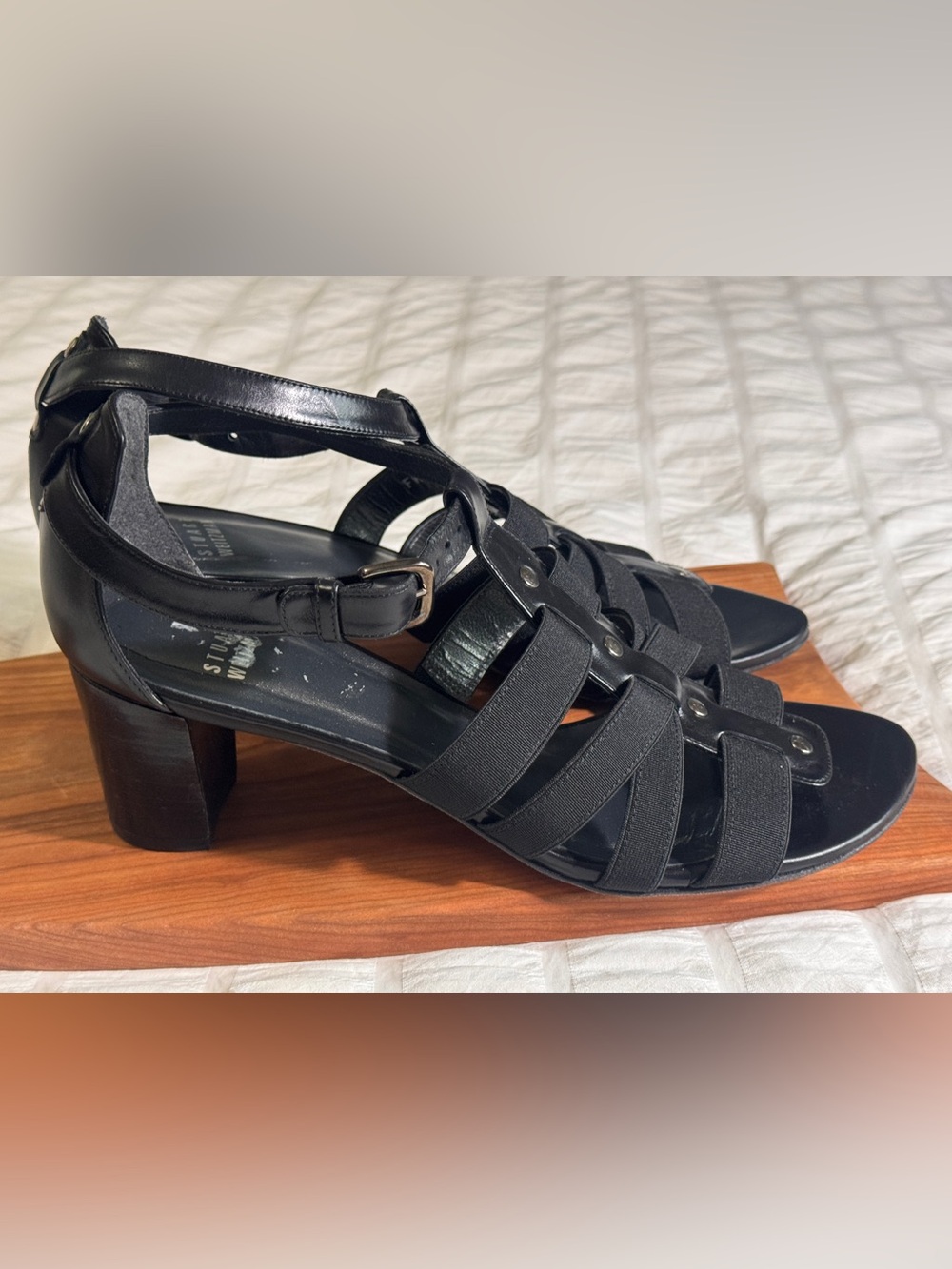 STUART WEITZMAN BLACK LEATHER/ fabric STRAPPY BASILISK HEELED SANDAL w8